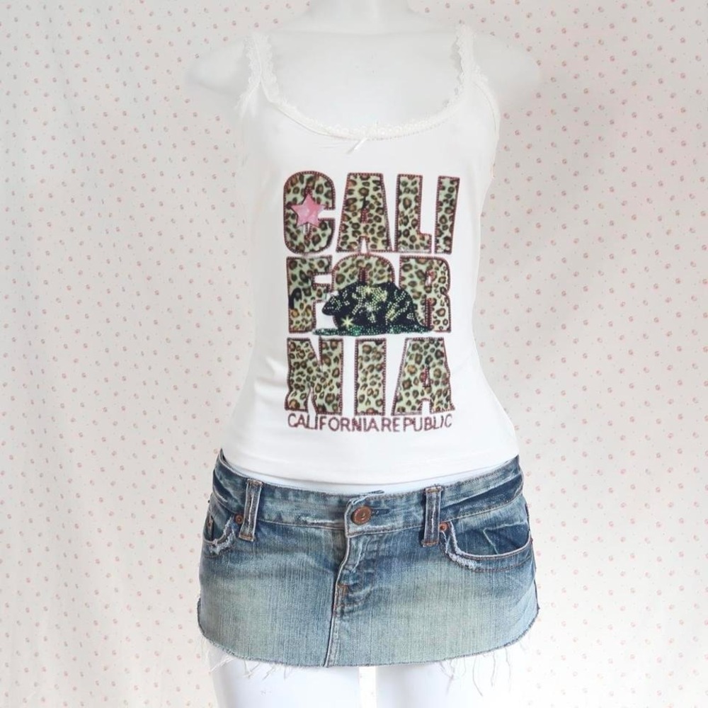 Y2K "CALIFORNIA REPUBLIC" Leopard Print & Rhinestone Lace Cami